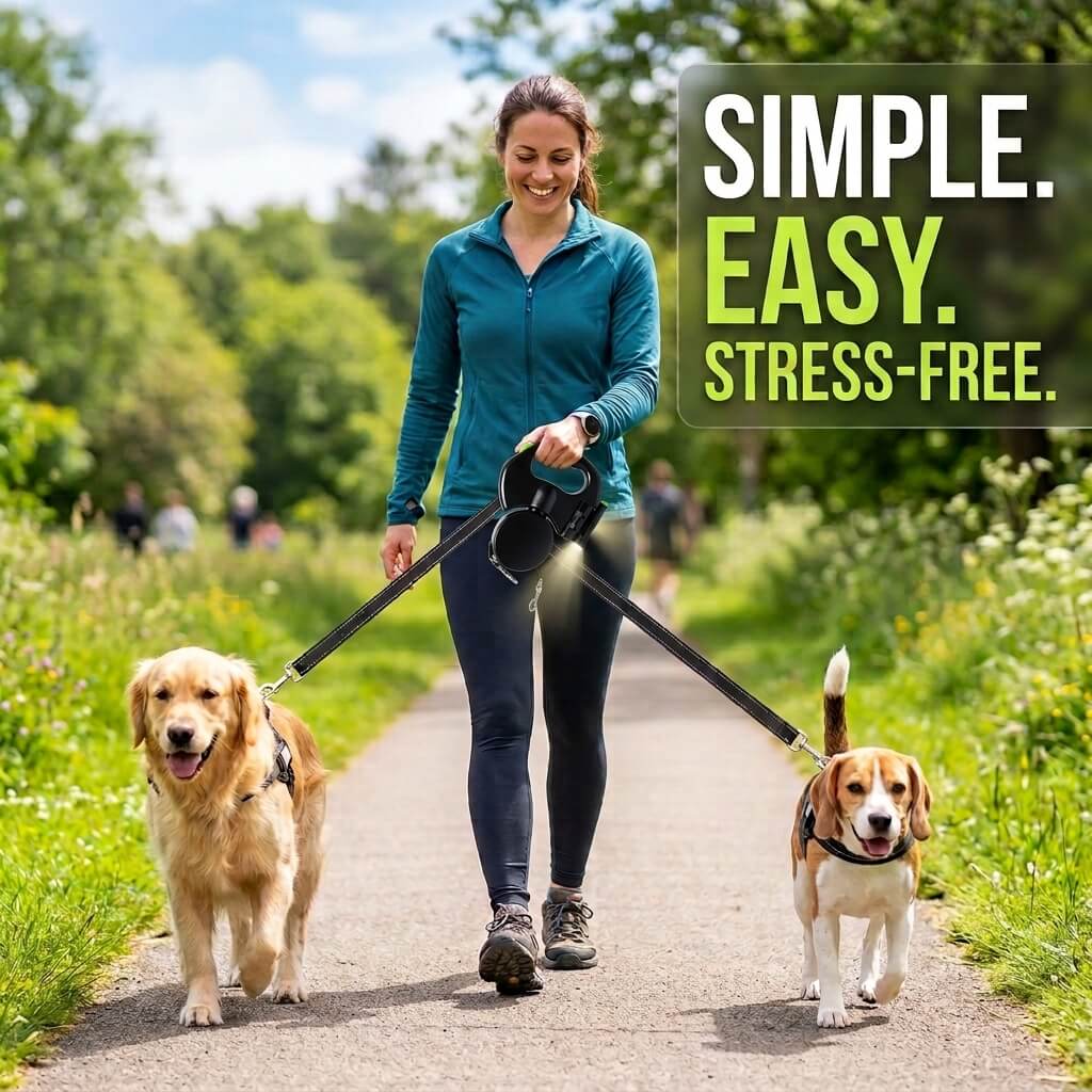 DuoWalk™ — Dual Retractable Dog Leash for 2 Dogs