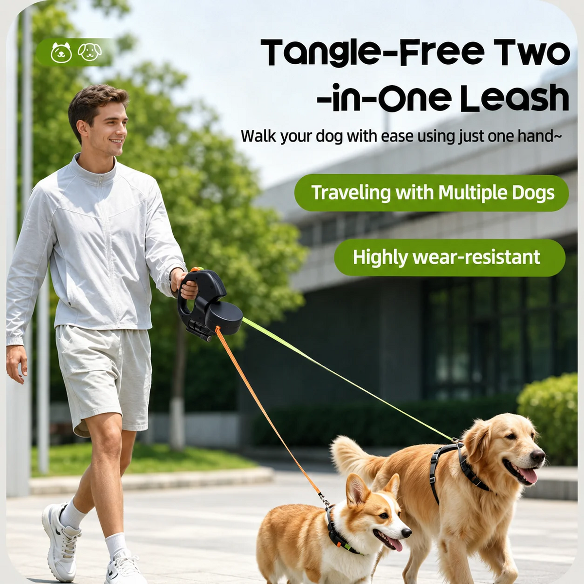 DuoWalk™ — Dual Retractable Dog Leash for 2 Dogs